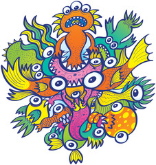 A bunch of funny odd creatures defending one of them from being gobbled by a voracious pink salamander-like monster. They are looking for different ways to counterattack the evil predator