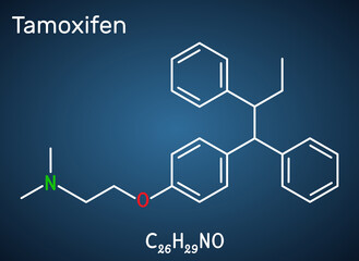 Tamoxifen, C26H29NO molecule. It is antineoplastic nonsteroidal antiestrogen, used in the treatment and prevention of breast cancer. Structural chemical formula on the dark blue background
