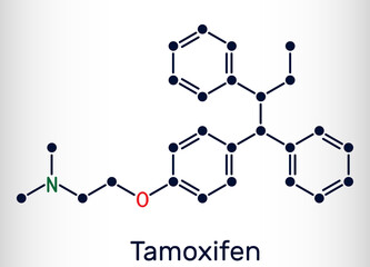 Tamoxifen, C26H29NO molecule. It is antineoplastic nonsteroidal antiestrogen, used in the treatment and prevention of breast cancer. Skeletal chemical formula