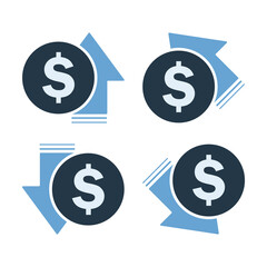 Obraz premium Dollar increase decrease icon. Money symbol with arrow stretching rising up and drop fall down. Business cost sale and reduction icon. Vector illustration.