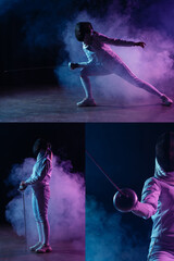 Collage of fencer training with rapier on black background with smoke