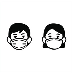 Man and Woman in medical face protection mask. Vector icon of depressed and tired people wearing protective surgical mask. illustration for concepts of disease, sickness, alergies, pollution, corona v