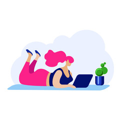 The girl lies on the floor with a laptop. Vector illustration.