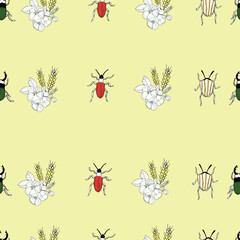 seamless floral pattern and beetles and spikelet