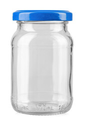 Empty glass jar with blue cap isolated on white background.