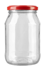 Empty glass jar with red cap isolated on white background. - obrazy, fototapety, plakaty