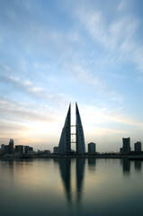 Fototapeta na wymiar MANAMA, BAHRAIN - FEBRUARY 05: The Bahrain World Trade Center, a twin tower complex is the first skyscraper in the world to have wind turbines, photographed on Febrauary 05, 2017, Manama, Bahrain