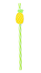 Single yellow drinking cocktail  straw decorated with pineapple isolated on white background.