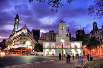 Cabildo at dusk. Plaza de Mayo, Buenos Aires, Argentina.