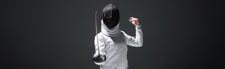 Panoramic orientation of fencer training isolated on black