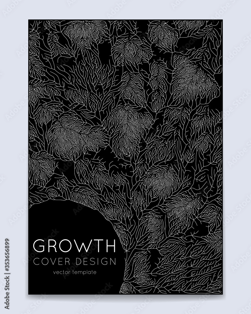 Poster cover with vector generative branch growth pattern. lichen like organic structure with veins. monocr