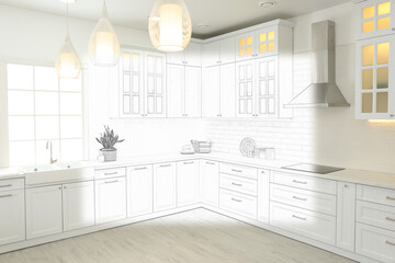 Beautiful kitchen with new stylish furniture. Illustrated interior design