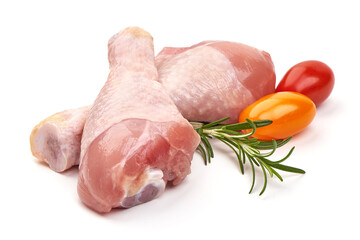 Raw chicken drumsticks, isolated on white background