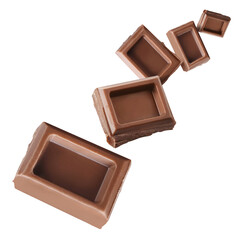 Flying chocolate pieces, isolated on white background