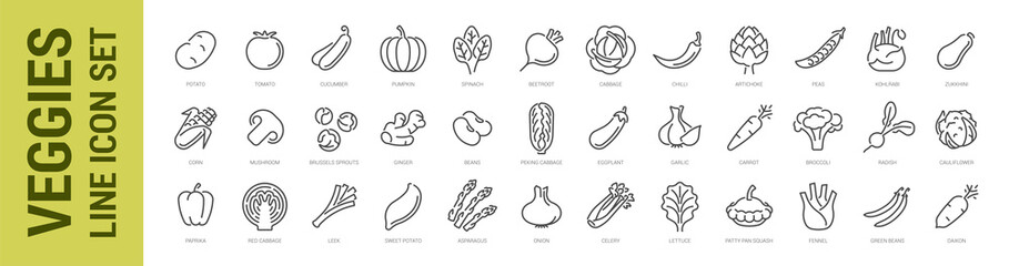 Veggies line icon set. Vector isolated vegetables - obrazy, fototapety, plakaty