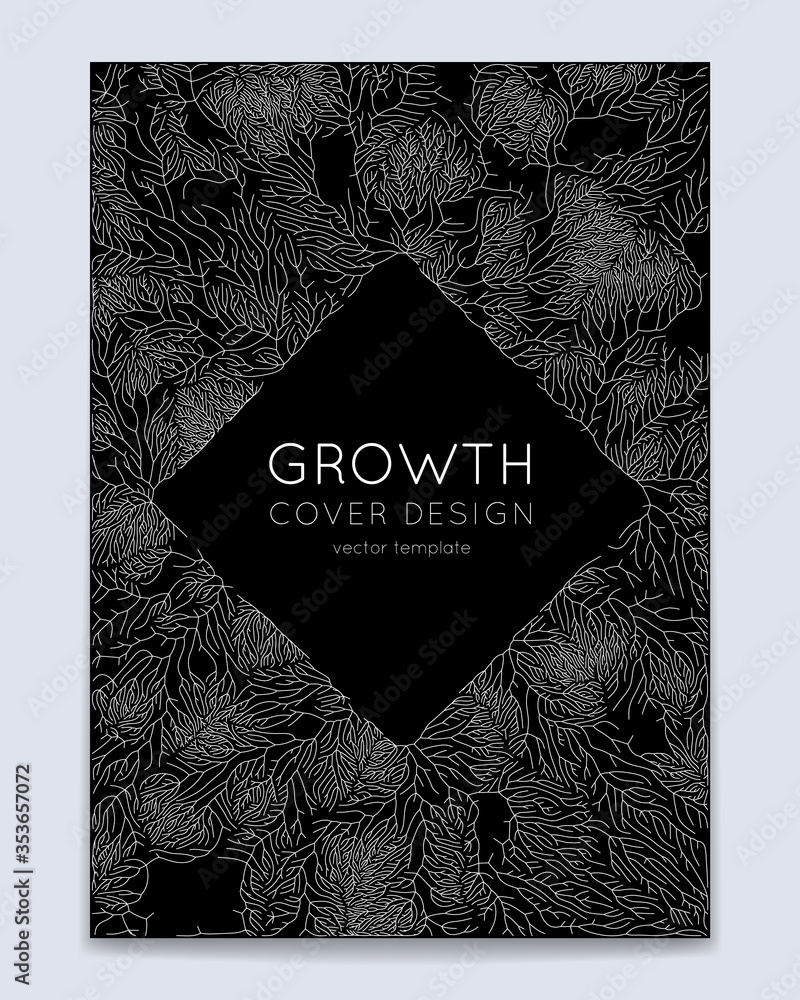 Poster cover with vector generative branch growth pattern. lichen like organic structure with veins. monocr