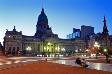 Argentina Parliament at dusk, with city lights. Buenos Aires, Argentina