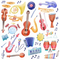 Big Music set musical instrument and symbols icons collections. Cartoon sound concept elements. Music notes with Piano, Guitar, Violin, Trumpet, Drum, Saxophone and Harp. Hand drawn textured doodle
