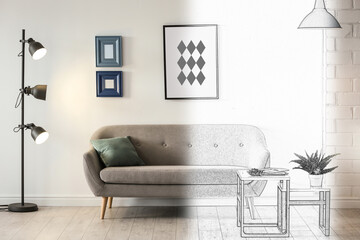 Room with modern lamps and comfortable sofa. Illustrated interior design