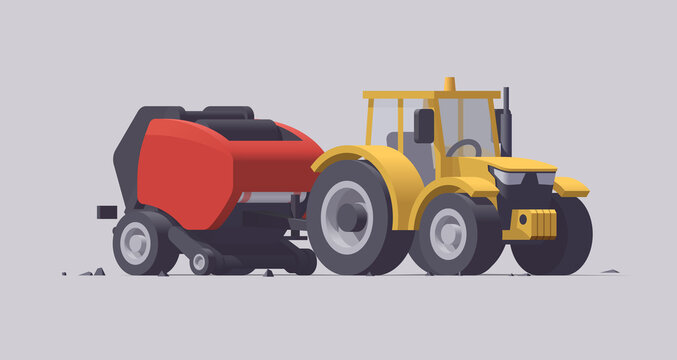 Vector tractor & round roll baler. Isolated illustration