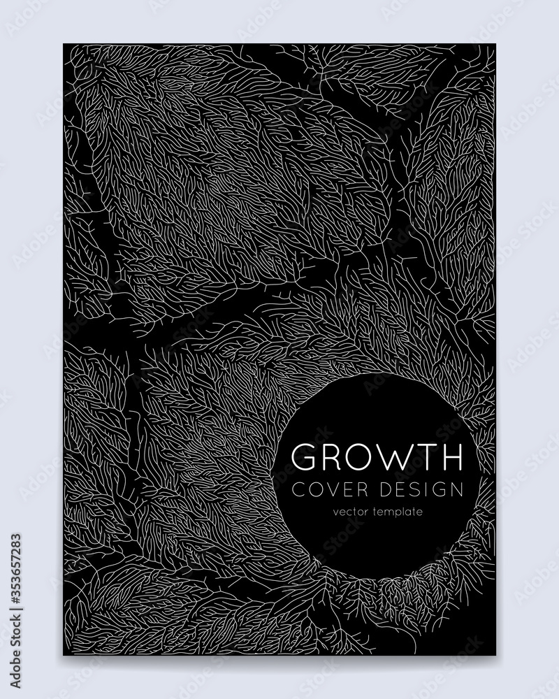 Poster cover with vector generative branch growth pattern. lichen like organic structure with veins. monocr