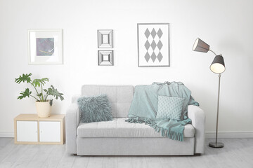 Stylish living room with comfortable sofa. Illustrated interior design