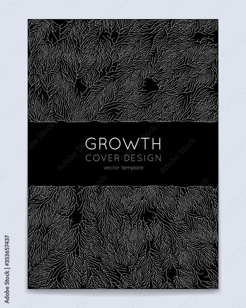 Poster cover with vector generative branch growth pattern. lichen like organic structure with veins. monocr