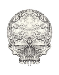 Art Surreal Skull Tattoo. Hand drawing on paper.
