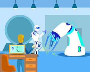 Vector business education development ai technology robot. Illustration robots and ai in lab industrial. Engineers learn develop robots 
