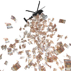 helicopter distributes money euro cash.