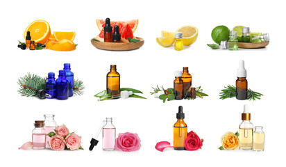 Set with bottles of different essential oils on white background