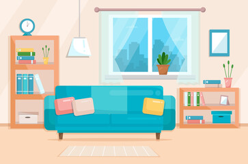 Living room with furniture. Cozy elegant interior of living room with a sofa, various decorations. Flat style, design template.