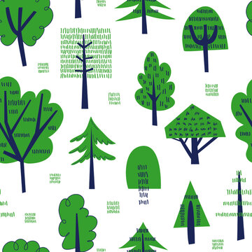 Simple vector seamless pattern with different abstract trees and bushes in flat style. Endless forest background for wallpaper, wrapping paper, childish fabric, textile