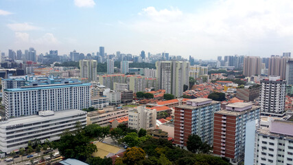 Fototapeta premium aerial view of big building including condominium and HDB of city in singapore,selective focus, selective focus on subject, background blur