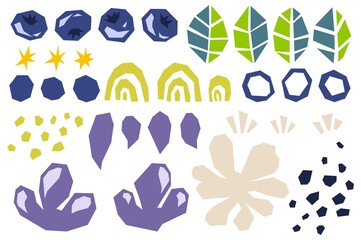 Set of various shapes abstract doodle objects, blueberries and leaves. Cut out modern contemporary style. Vector