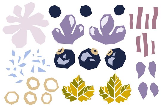 Set of various shapes abstract doodle objects, blueberries, bilberry and leaves. Paper cut modern contemporary style. Vector
