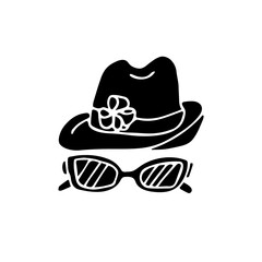 Vector illustration of a sun hat decorated with a flower and sunglasses silhouettes isolated on white background. Hand drawn black icon.