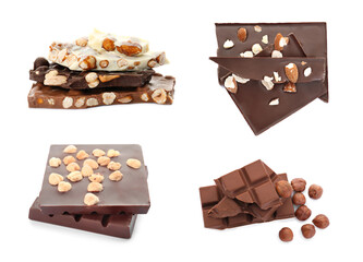 Set with different types of chocolate with nuts on white background