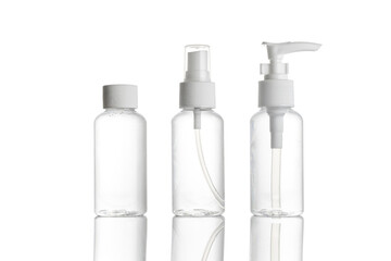 Clear bottle. Plastic water shampoo blank cap isolated on white. Sanitizer soap cosmetic spray gel on mineral transparent background. Antiseptic Hand Wash.