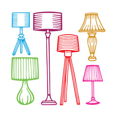 Decorative lamps and lampshades outline vector illustrations collection. Different lamps set.