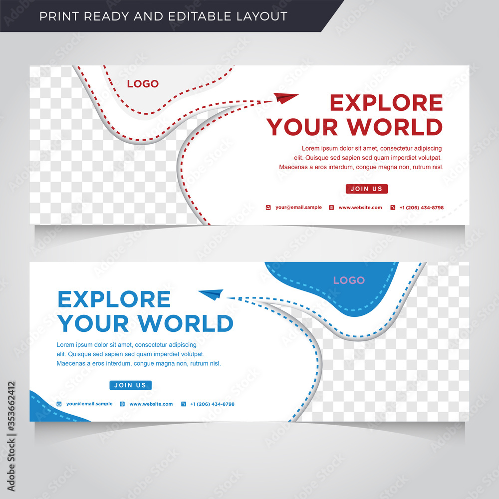 Poster set of editable travel banner template. blue and red background color with stripe line shape. suitab