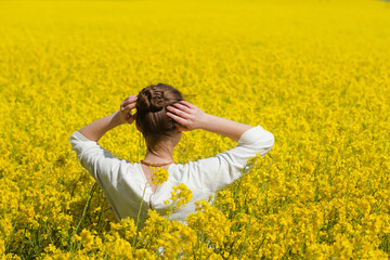 Brunette girl in rapeseed field  summer time, background. Back shot of a young woman with hands up...
