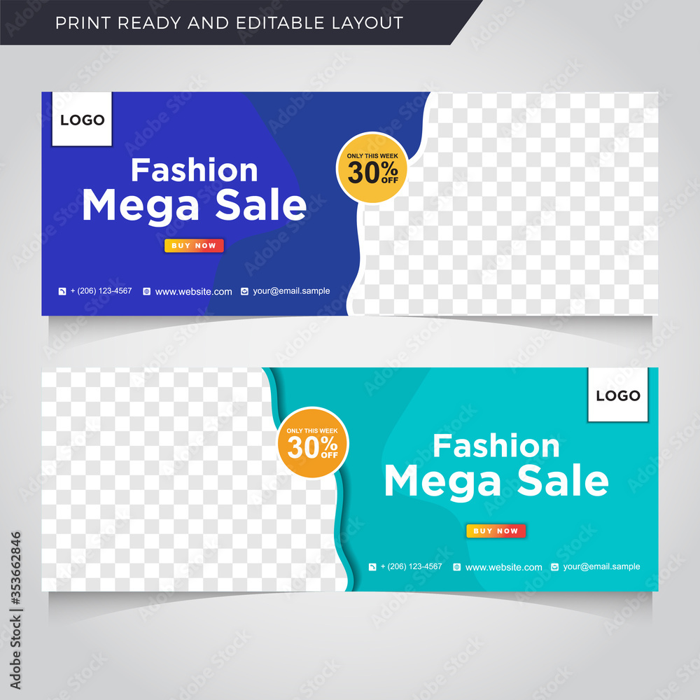 Poster set of editable fashion mega sale banner template.. blue and green background color with stripe line