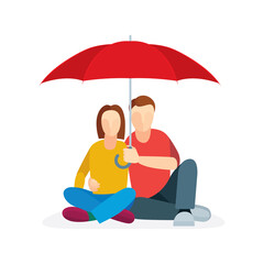 Young family house concept. Couple is sitting on the floor under umbrella. Vector illustration, part of set.