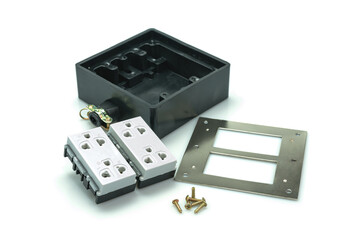 Power outlet assembly, Heavy duty shockproof rubber box, Universal socket 3 legs plug, Brass screw, isolated on white background.