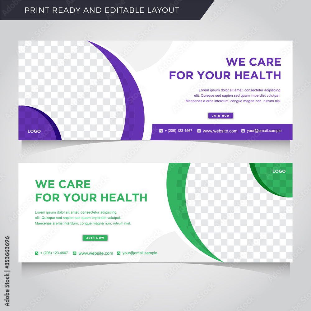 Poster set of editable healty banner template. purple and green background color with stripe line shape. su