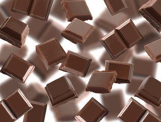 Set with delicious dark chocolate pieces on white background