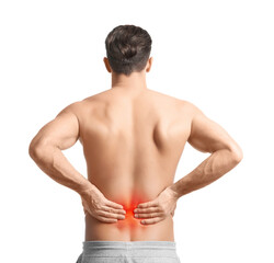 Man suffering from pain in lower back on white background