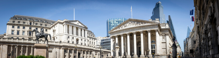 LONDON- Panoramic view of the Bank of England and the Royal Exchange in the City of London. 