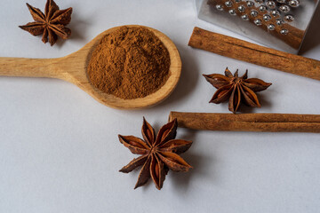 anise star and cinnamon stick isolated on white background